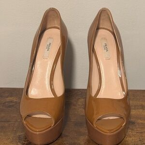Prada Women's Brown Peep-Toe Platform Heels 39 1/2